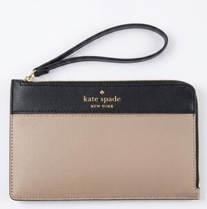 Kate Spade New York Wristlet Wallet Beige Taupe Navy Saffiano Leather Zip Pouch